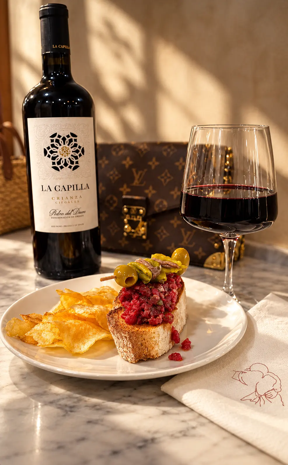 Tosta de steak tartar con banderilla, patatas y copa de vino tinto