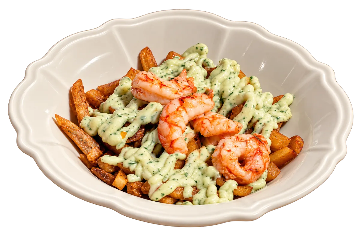 Papas con gambas y alioli verde